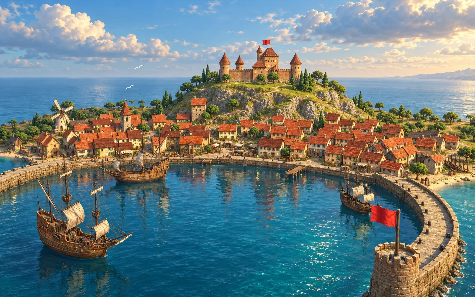 The port: a harbour town under a hilltop castle, with ships at anchor inside its curved stone walls